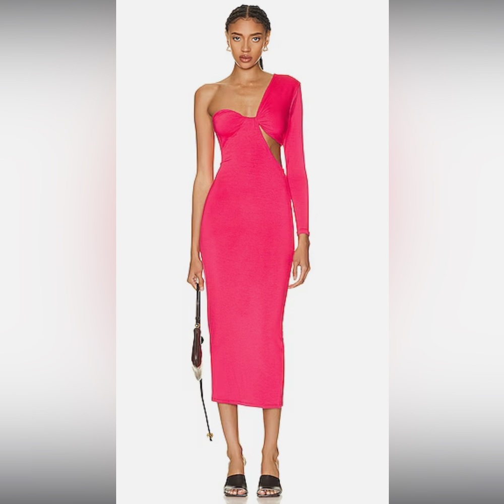 Seroya Ivana One Sleeved Midi Dress, Worn Once, size small, color “coral”